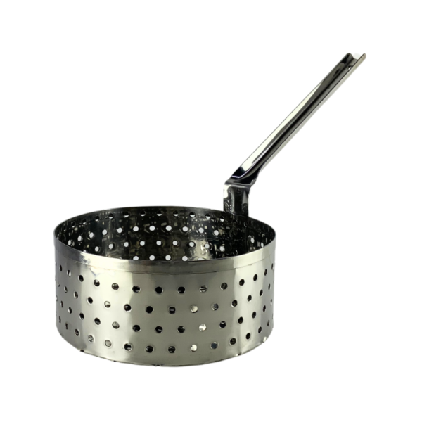 Colapasta redondo de acero inoxidable, ideal para escurrir pastas y vegetales con eficiencia.